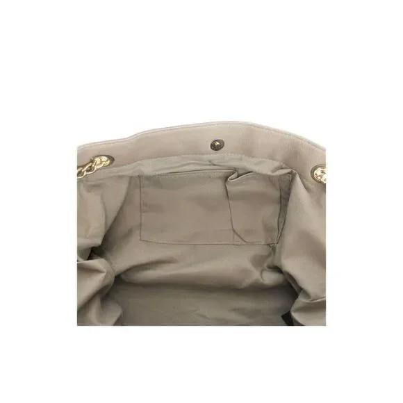BEBE Tote Shopper Bag Lg Vegan Leather Gold Tone Chain Dark Beige Style Whitney